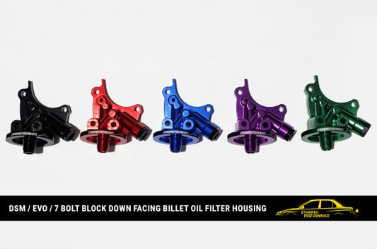 DSM / Evo / 7 bolt block down facing billet oil filter housing