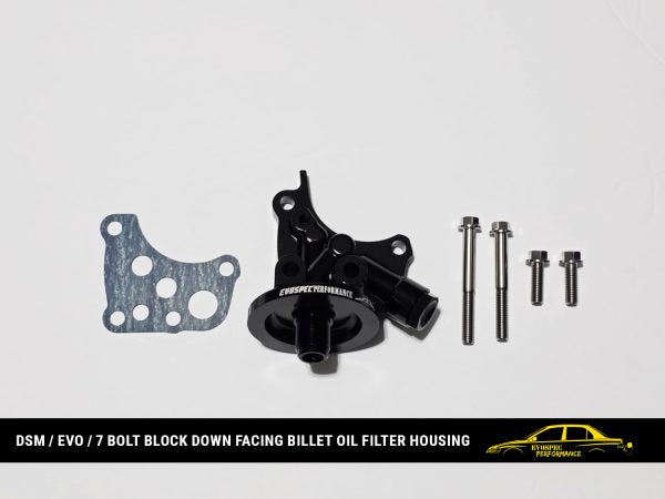 DSM / Evo / 7 bolt block down facing billet oil filter housing