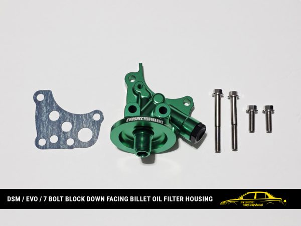 DSM / Evo / 7 bolt block down facing billet oil filter housing