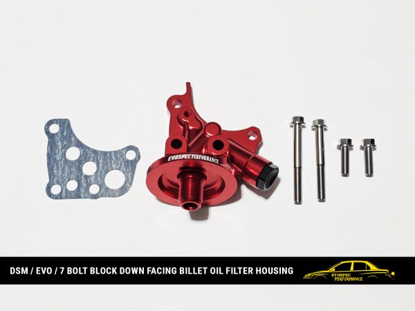 DSM / Evo / 7 bolt block down facing billet oil filter housing