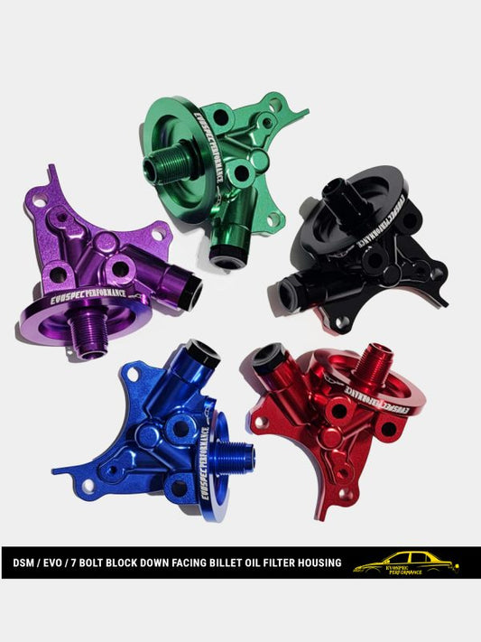 DSM / Evo / 7 bolt block down facing billet oil filter housing