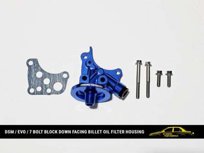 DSM / Evo / 7 bolt block down facing billet oil filter housing