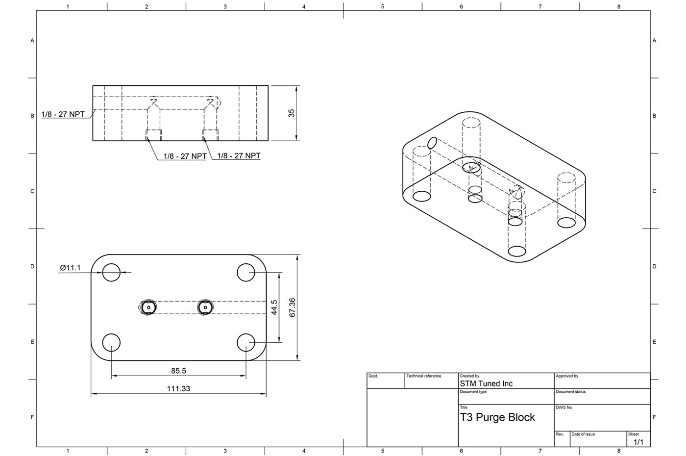 STM Billet Welding Purge Block for T3 Flange